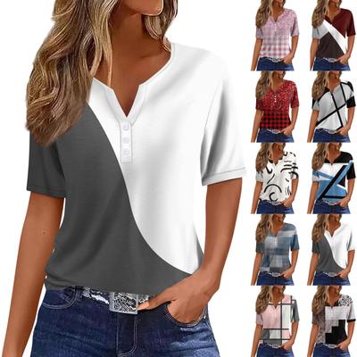 Women's T Shirt Tee Print Button Short Sleeve Daily Weekend Fashion Basic V- Neck Regular Top