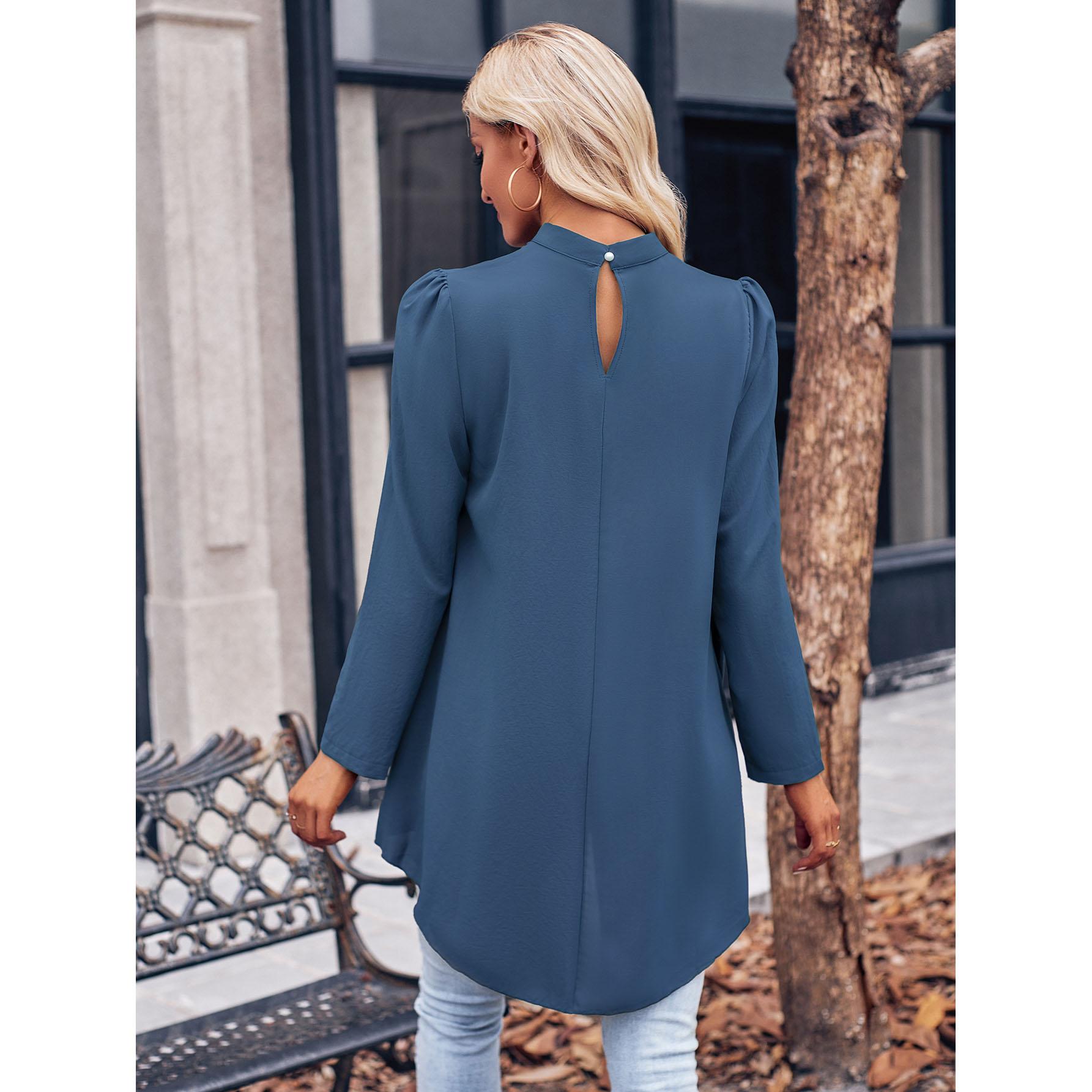 Повседневная женская модная однотонная рубашка с высоким воротником и длинными рукавами — фото 7