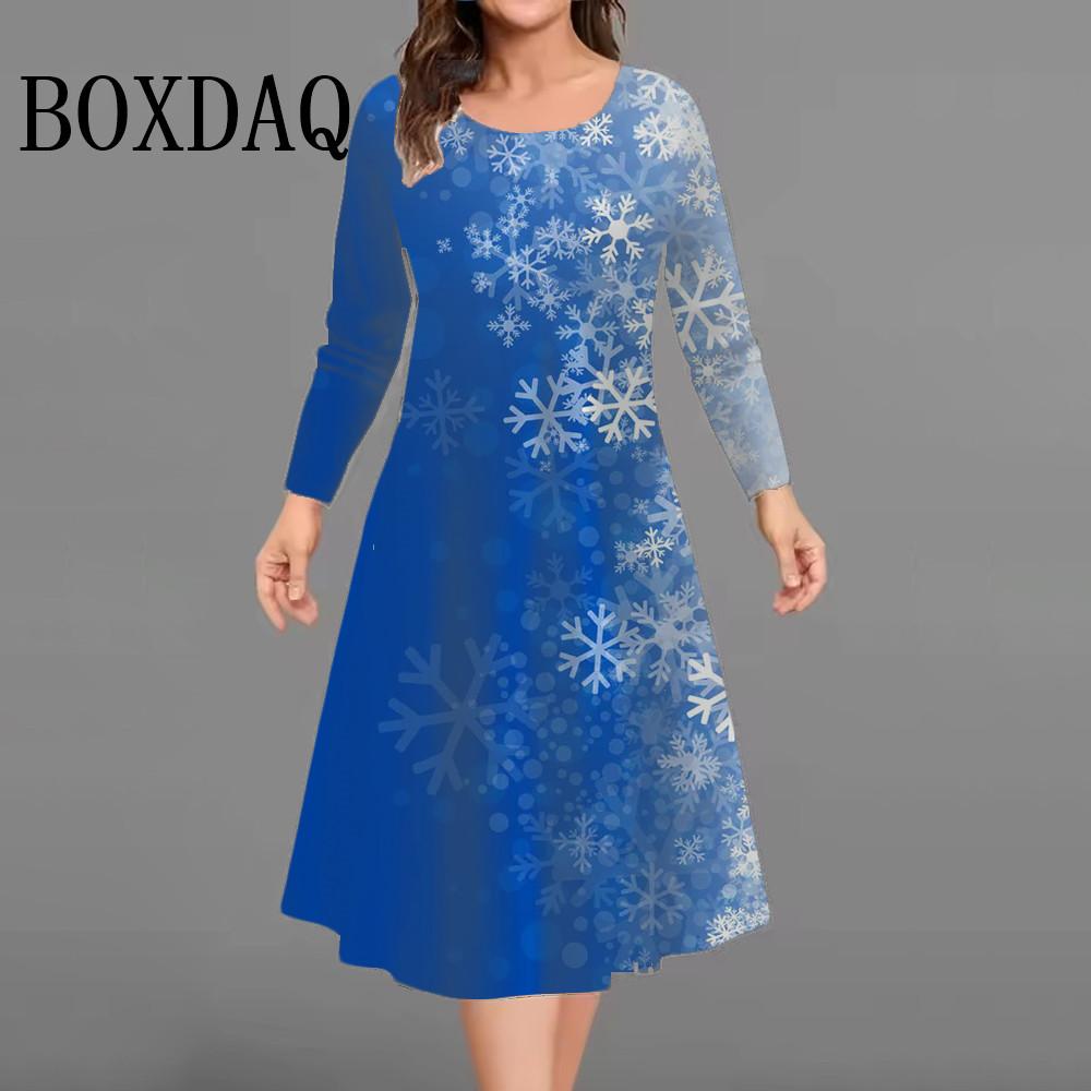 Women Dresses Fashion Christmas Snowflake Printed Party Dress Casual Long Sleeve Autumn Winter Plus Size Loose A-Line Dress