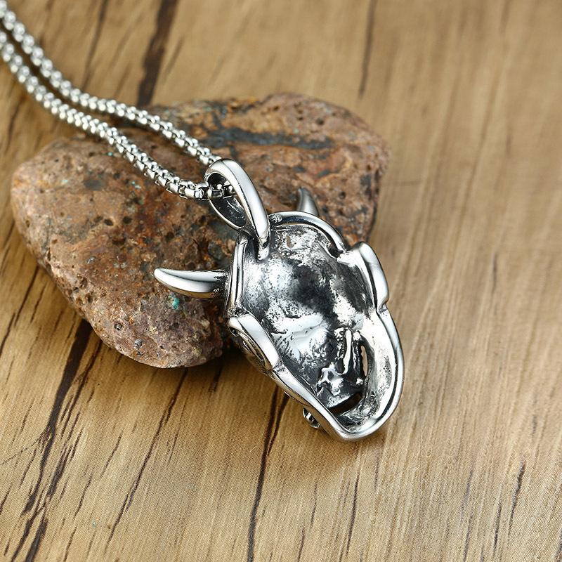Necklace Domineering Bull Horn Prajna Face Steel Color Men's Ghost Face Casting Pendant