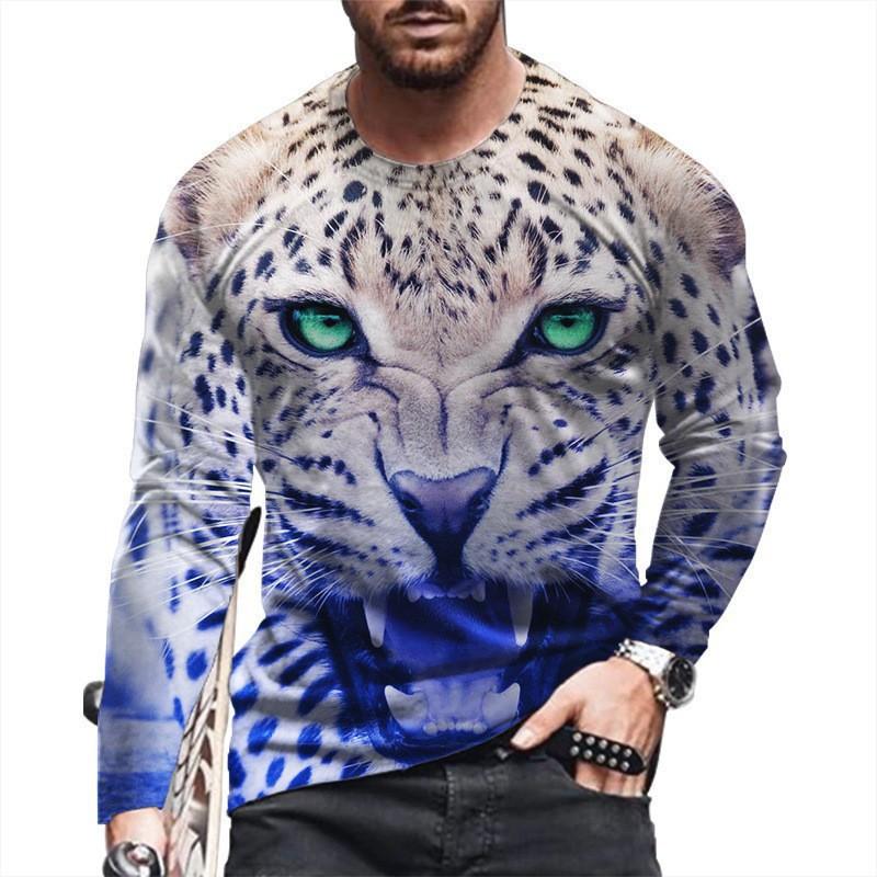Round Neck 3D Tiger Lion Printed Top Casual Long Sleeved Men's T-shirts - Soft Medium Stretch Polyester Fabric Spring and Autumn Relaxed Fit Clothing