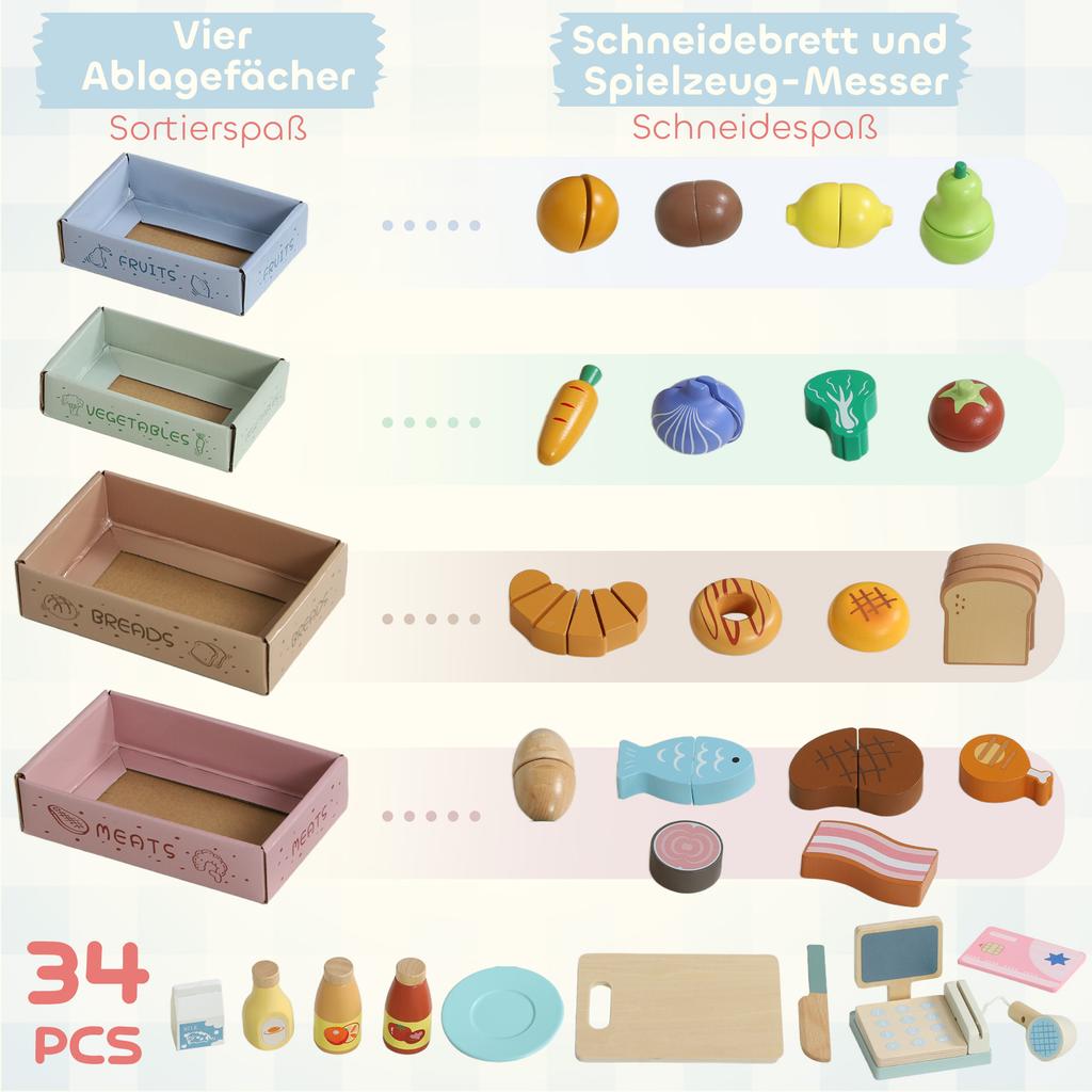 Wooden Toy Shop, Wooden Market Stall with Cash Register, Blackboard and Toy Food, 4 Storage Boxes, Ages 3+, Green