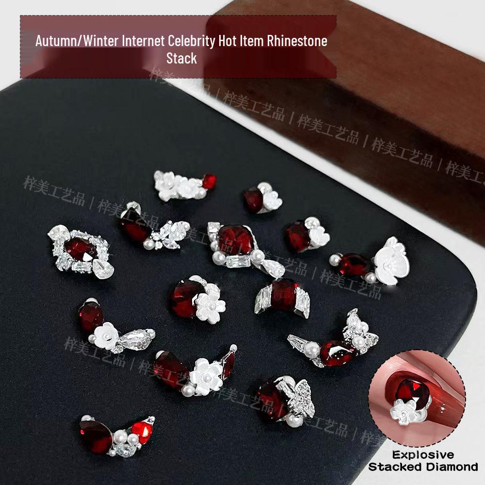 Nail Art Blood Red French Rhinestone Sparkle Camellia Decoration