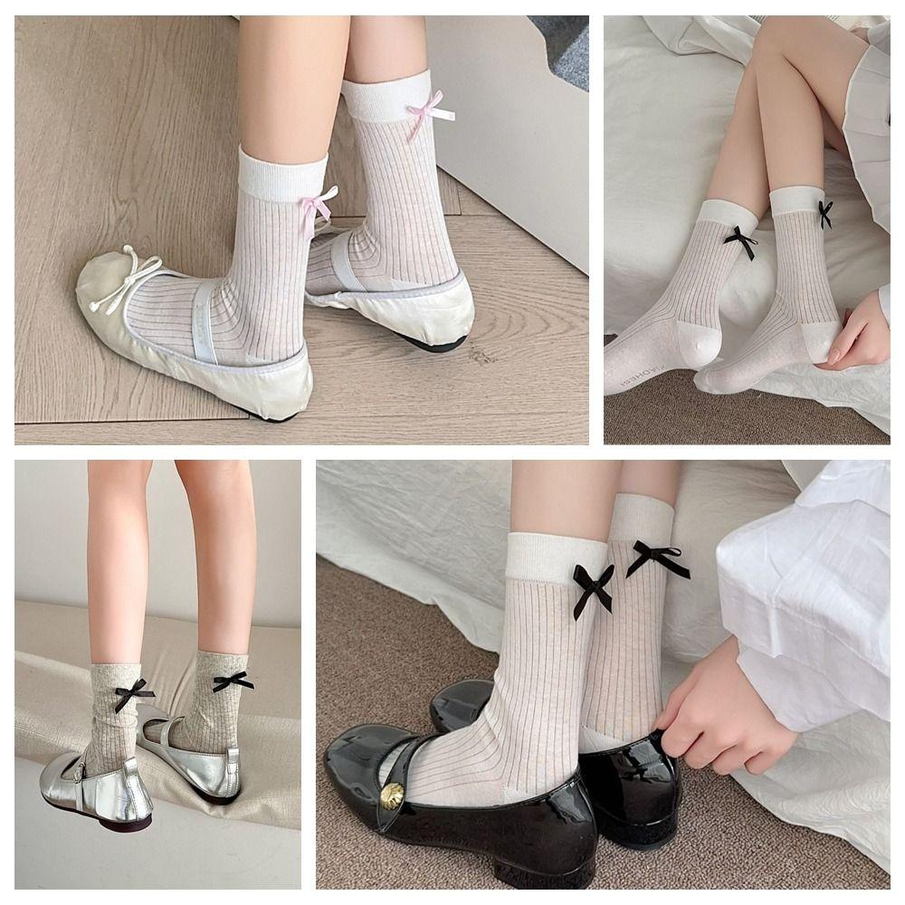 

Solid Color Ballet Bow Socks Lolita Style Bowknot Cotton Socks Casual JK S серый