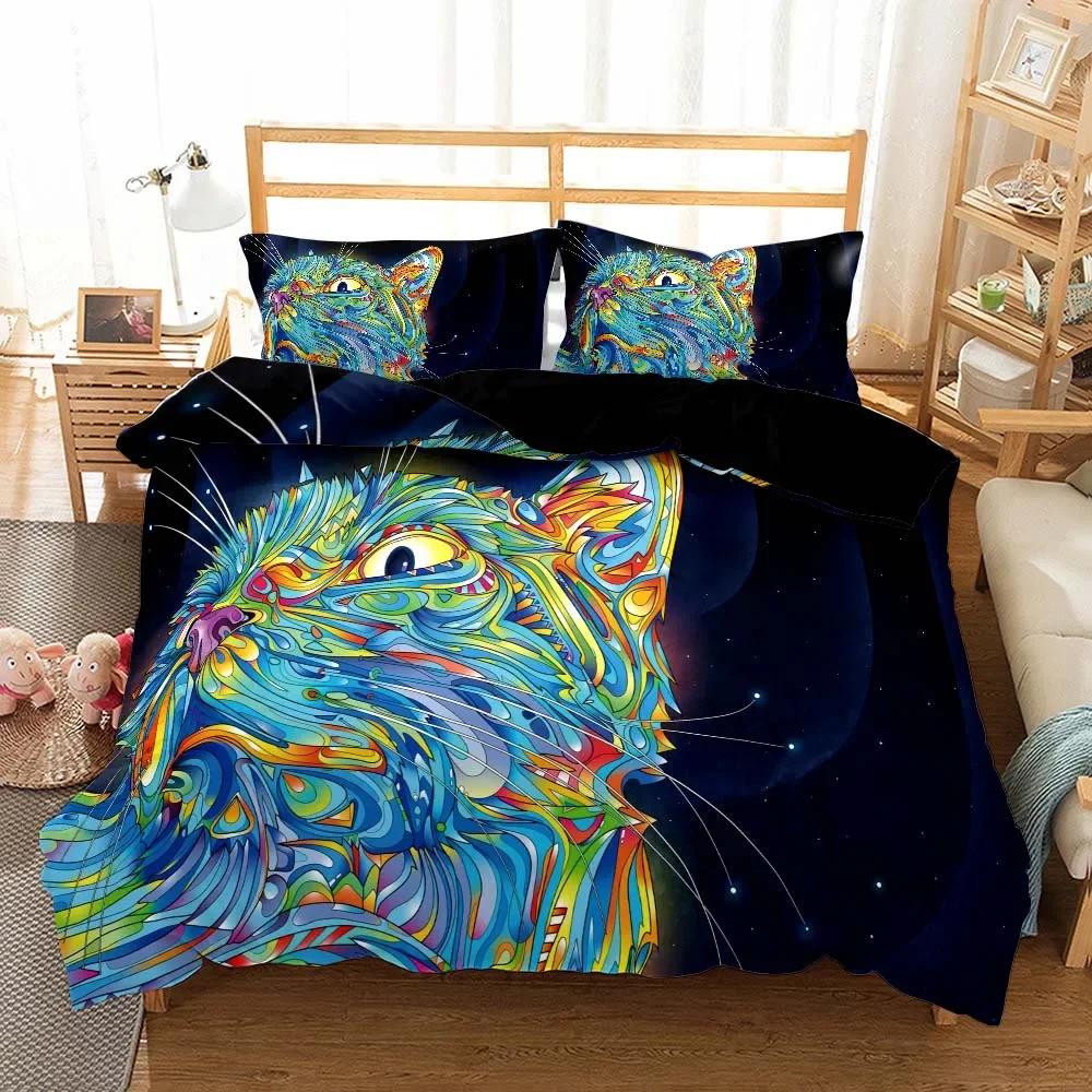 Galaxy Cat Kids Quilt/Duvet Cover With Pillocases Cartoon Animal Comforter Cover Bedding Set Star Sky Pet Child Bed Cover Sets