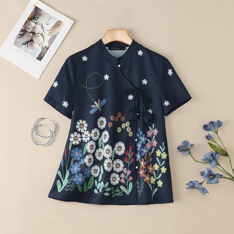 ZANZEA Women Summer Floral Print Casual Short Sleeve Lace Up Blouse