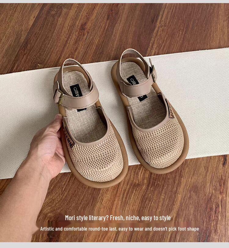 Women's Breathable Mesh Closed-Toe Linen Sandals - Hollow Design, Single Strap, Plus Size Available