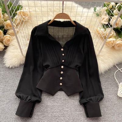 Camisa feminina estilo francês, lapela, decote em V, manga comprida, botões, decoração, blusa, bainha irregular, cor sólida, tops