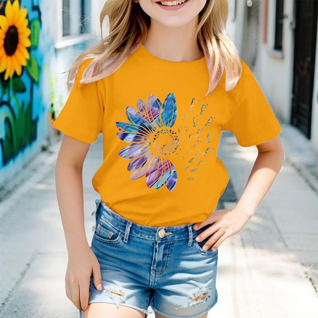 Kindermode Kurzarm Rundhals Floral Bedruckt Lässiges T-Shirt Top