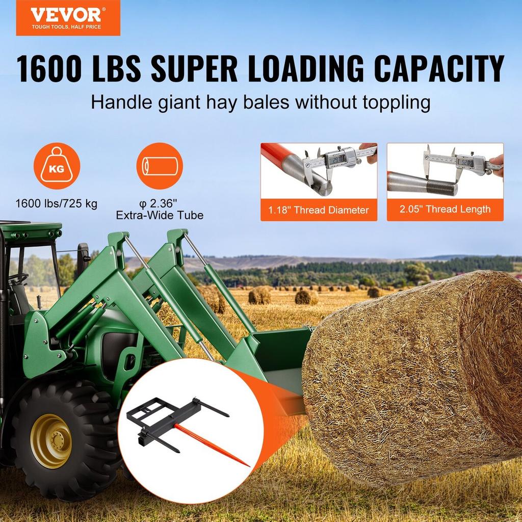 39" Hay Spear, Bale Spears 1600lbs Loading Capacity, Skid Steer Loader Tractor Bucket Attachment with 2pcs 17.5" Stabilizer Spears and 60" Chain,