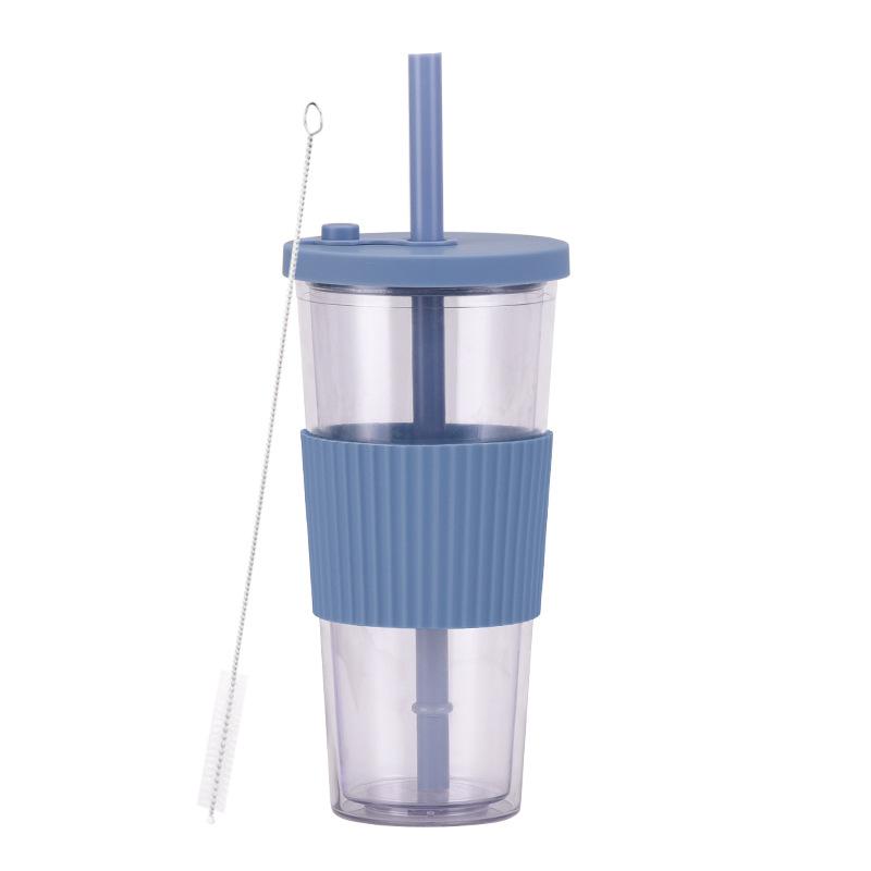 2025 Large Capacity Double Layer Plastic Cup Large Hole Straw Pearl Boba Milk Tea Cup Portable Outdoor Straw Cup