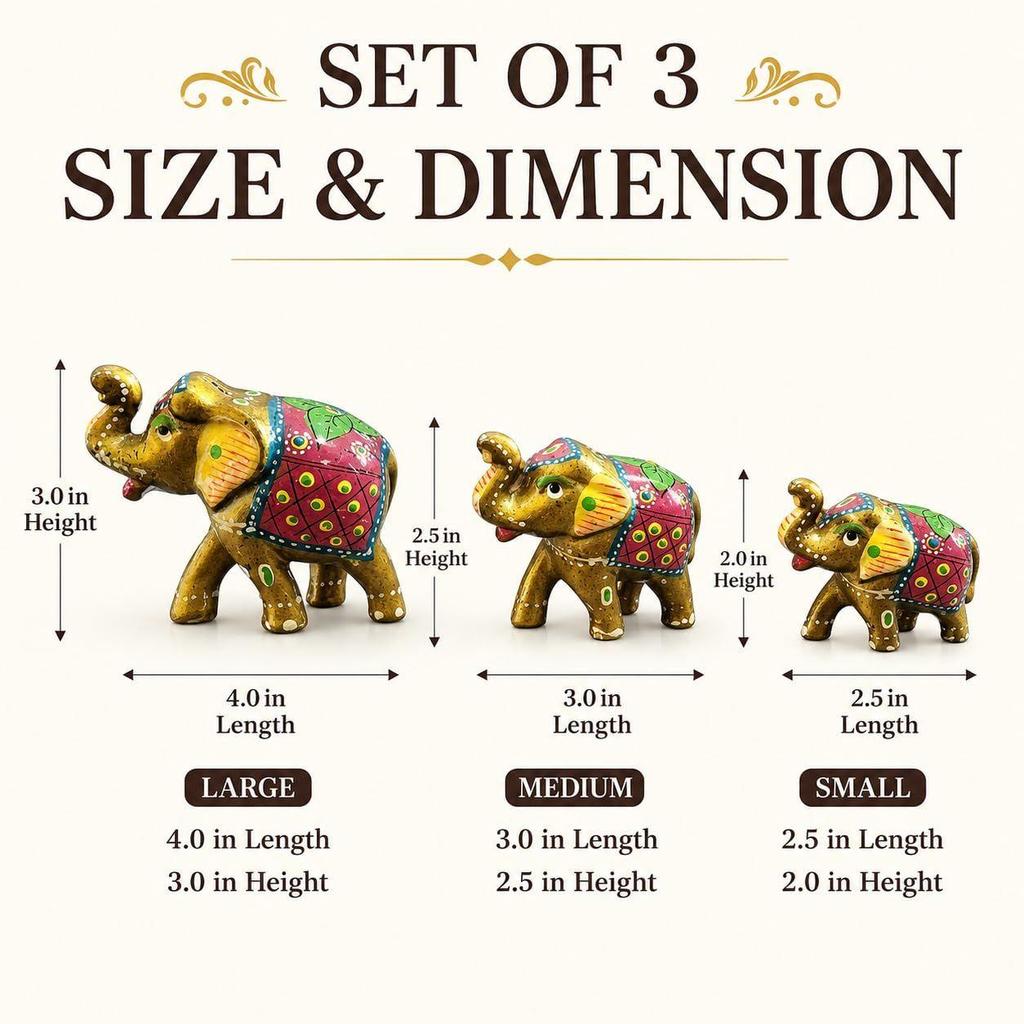 Paper Mache Elephant Showpiece, Yellow, Set of 3 Traditional, Artistic, Home Decor