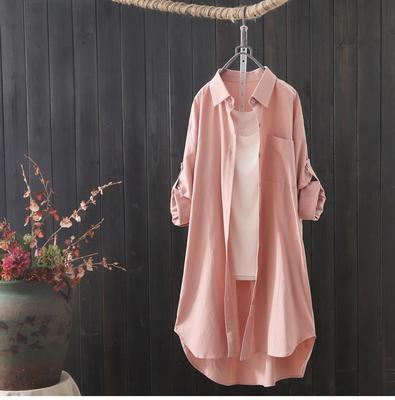 Women's Korean-style Mid-length Cotton and Linen Shirt, Perfect for Spring and Autumn. Features Loose Fit, Versatile Long Sleeves, and Slim Design.