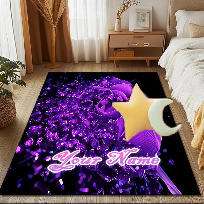 1PC Custom Name Purple Rose Glow Theme Floor Mat Ideal for Living Room, Game Rooms, Office, Bedroom,Floor Mat Playful Design