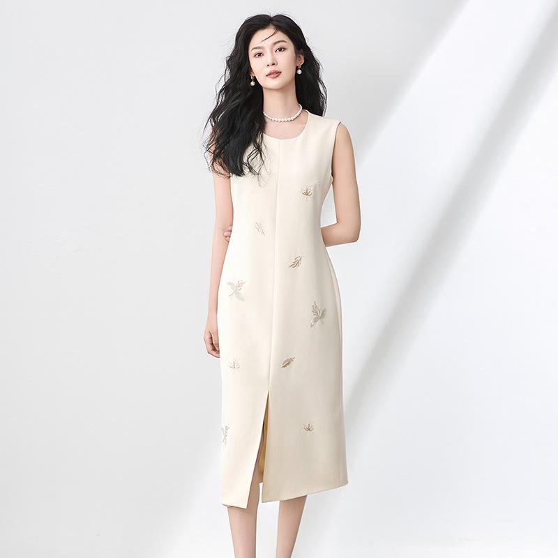 Elegant Beaded Sequin Sleeveless Round Neck Slimming Summer Dress for Women L абрикосовый