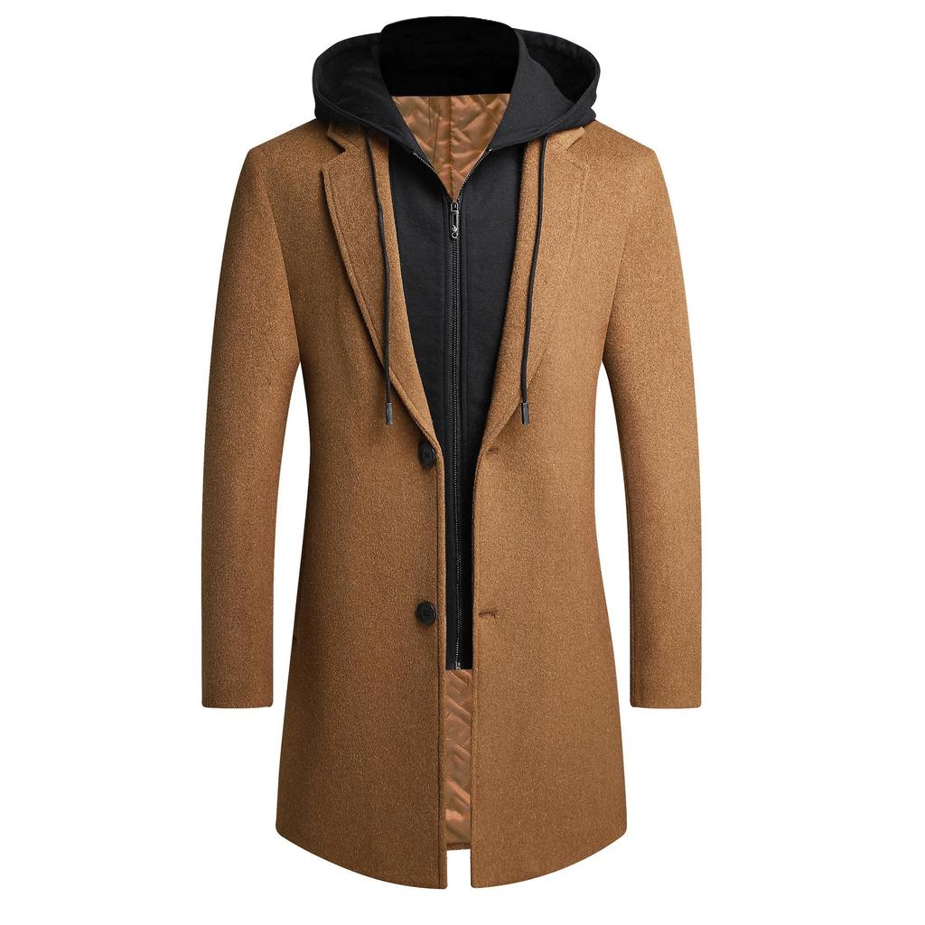 Herbst- und Winter Herren Wollmantel Mittel und Lang Doppelkragen Abnehmbare Kapuze Wollmantel Herren