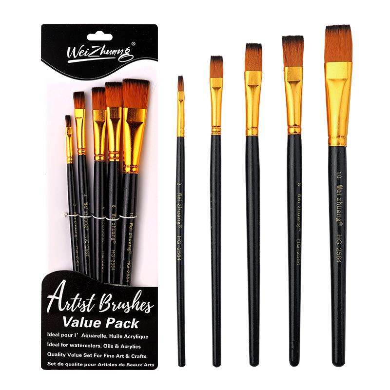 Five-Piece Black Handle Nylon Bristle Brush Set for Watercolor and Oil Painting