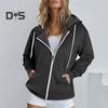 Autumn Spring Women Coat Hooded Drawstring Long Sleeves Pockets Zip-up Elastic Cuff Hem Loose Sport Hoodie Casual Daily Wear Jacket