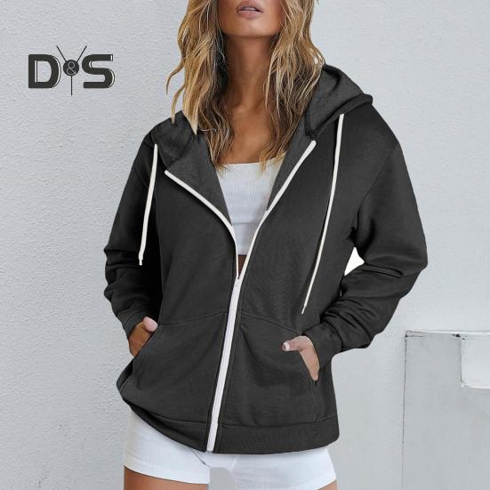 Autumn Spring Women Coat Hooded Drawstring Long Sleeves Pockets Zip-up Elastic Cuff Hem Loose Sport Hoodie Casual Daily Wear Jacket