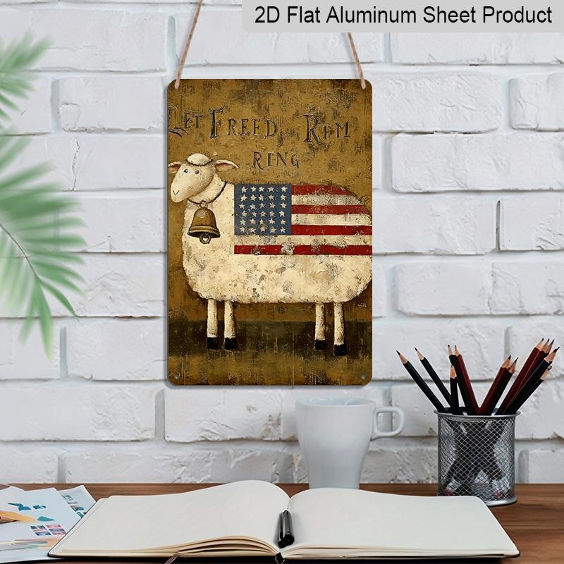 2D Flat, 1pc Patriotic Sheep American Flag Metal Wall Art - Rustic Farmhouse Style with "Let Freedom Ring" Design, Vintage Distressed Texture