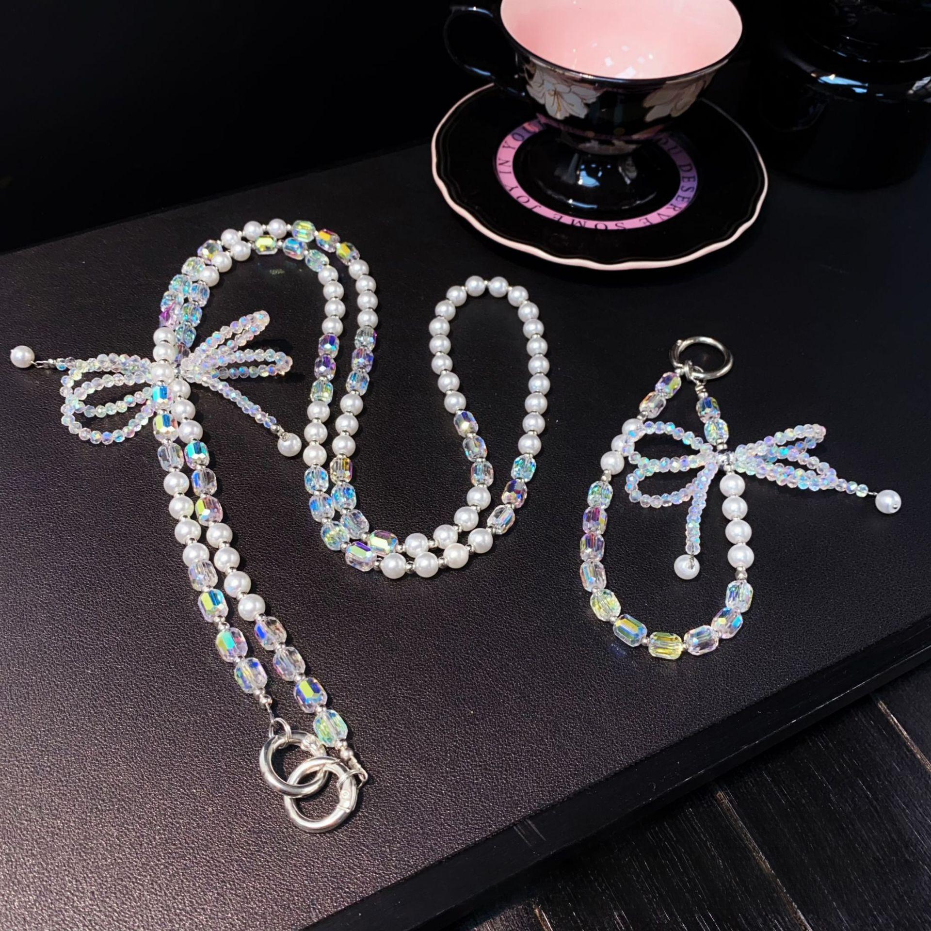 

Кроссбоди цепочка для телефона с бантом, простая ручная работа, из бисера, кроссбоди цепочка для телефона, стиль из бисера, браслет на запястье, хрустальная подвесная цепочка для женщин Long chain+Short Chain Bo