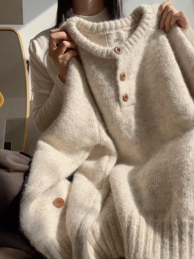 Large Version Thickened Soft Waxy Sweater Women's Semi-open Neck Button-knitted Sweater Autumn and Winter Loose Inner Long-sleeved Lazy Top