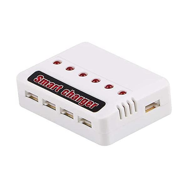 6-in-1 USB Charger for Lithium Batteries | Compatible with Hubsan H107D, Syma X5C, RC Helicopters | Overcharge Protection, White, Plastic