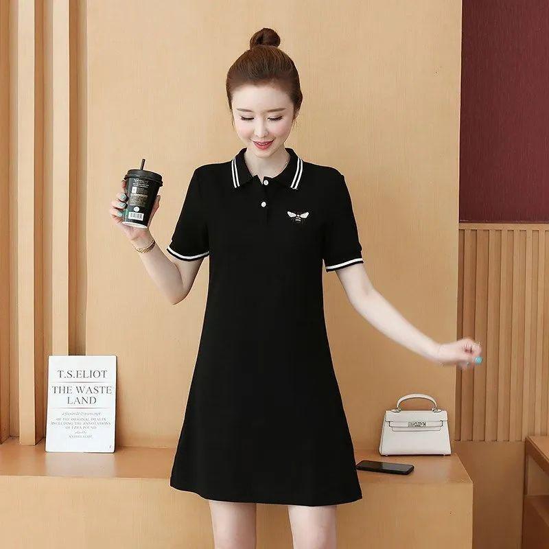 Women s Summer Embroidered Color Block Polo Dress - Plus Size Slimming A-line Midi Skirt M чёрный