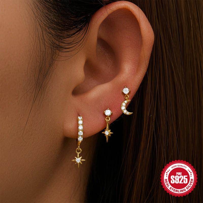 Sterling Evil Eye Octagram Moon Stud Hoop Earring Set With Cubic Zirconia Pearl Women
