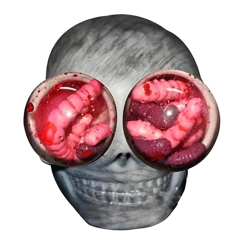Halloween Prank Toy Soft Silicone Skull With Exploding Eyeballs And Worms Stress Relief Gadget Squeeze Skull Toys