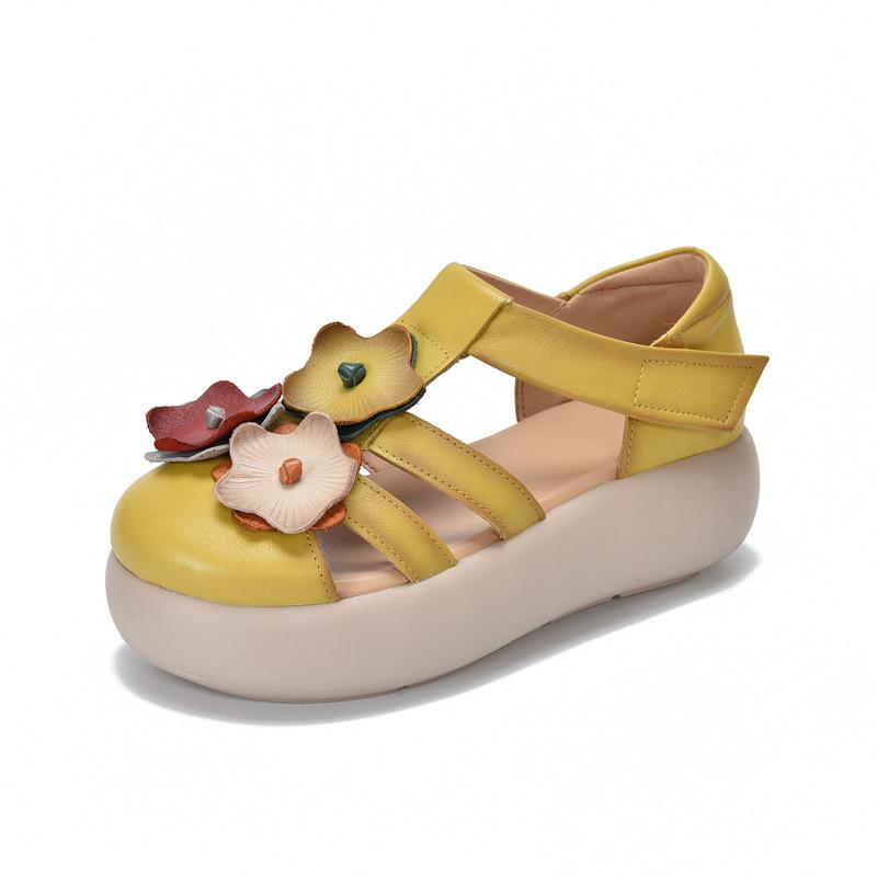 

Johnature Ретро Сандалии с круглым носком и цветочным узором для женщин, из натуральной кожи, на толстой подошве, с перфорацией, римские 39 жёлтый