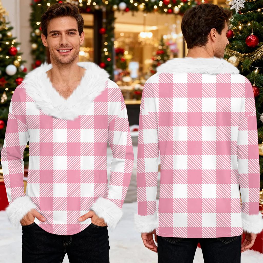 Men's Christmas Printed Fleece Lined Hoodie | Faux Trim Party Sweatshirt With Pocket | Plus Size Loose Fit Holiday Pullover