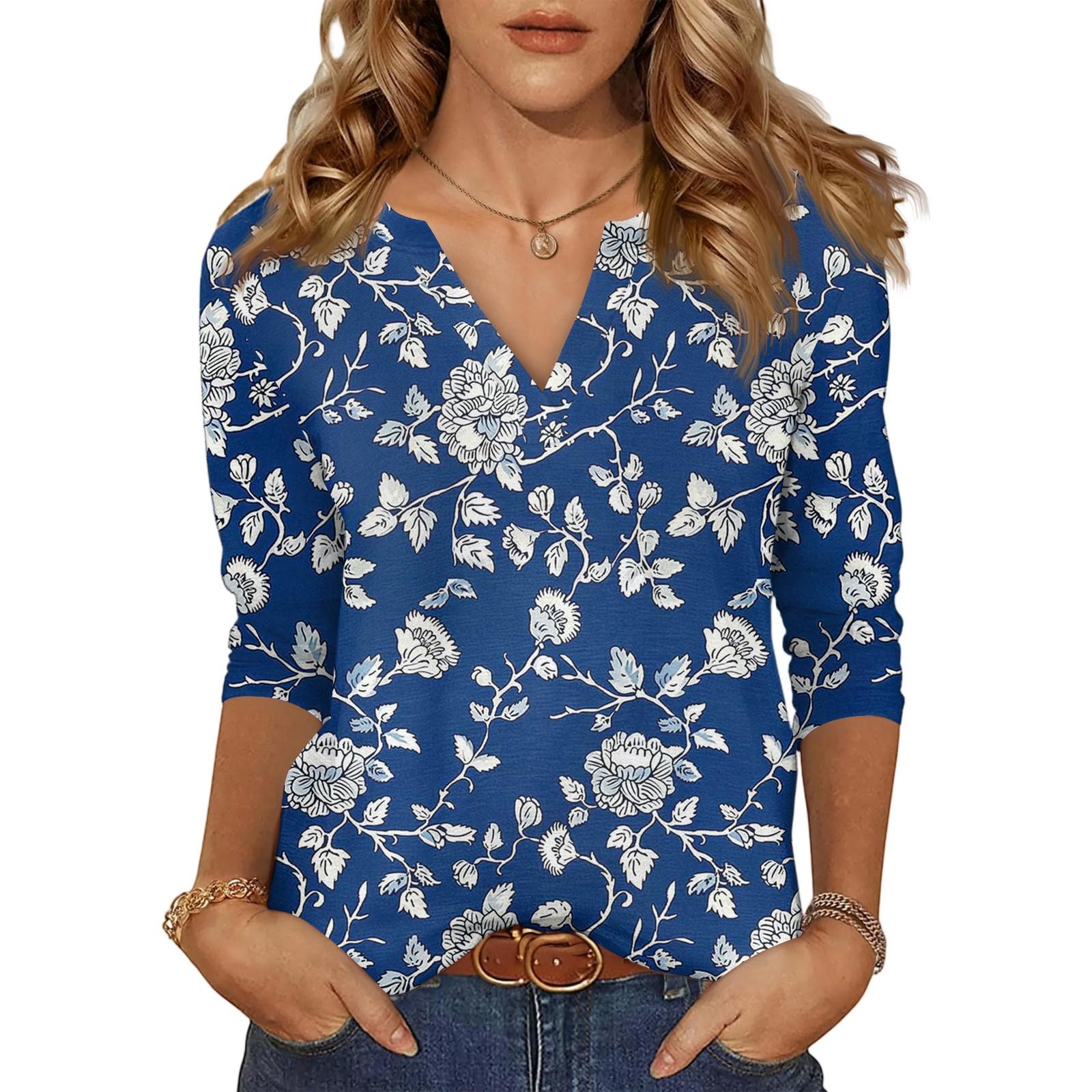 Women s Casual Fashion Sexy Comfortable V-Neck Floral Seven Sleeve Top S