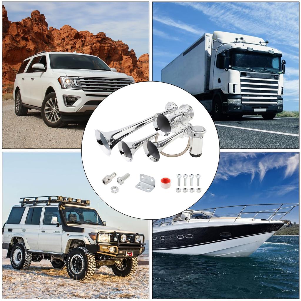 12V 185dB Four Trumpet Air Horn with Compressor - Silvery Musical Sound for Trucks / Cars