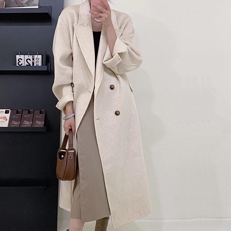 Popular long-haired suit collar double-sided cashmere coat, double-breasted classic women's coat