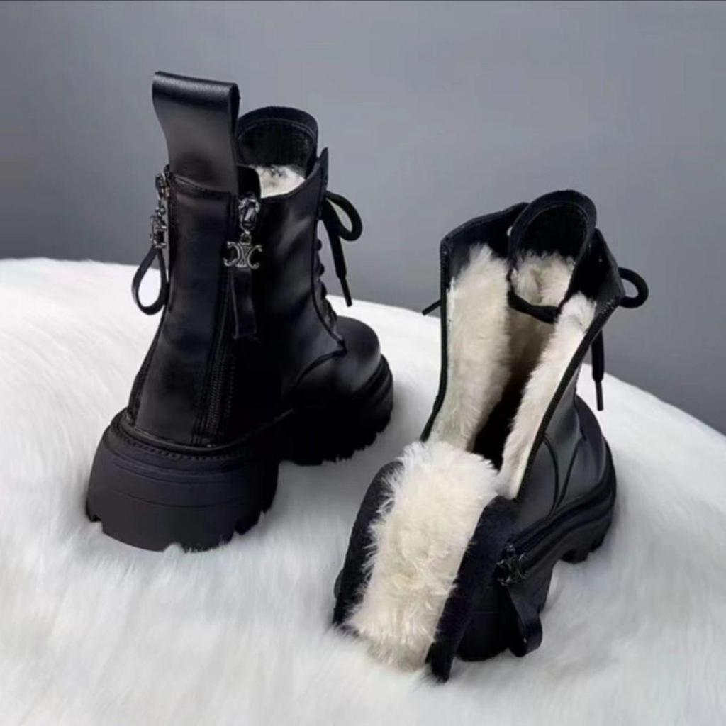 Women's Genuine Leather Martin Boots - Winter Velvet, Thick Warm, White Fur, Non-Slip, Wear-Resistant Snow Boots