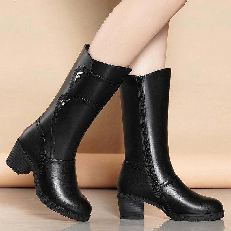 

Женские сапоги средней длины на толстом каблуке, детские сапоги в британском стиле, женские плюшевые туфли на высоком каблуке с закругленным носком