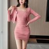 Women's One-Shoulder Ruffled Bodycon Dress with Spaghetti Straps & Cropped Long-Sleeve Cardigan Set