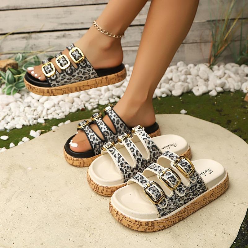 Fashion Women's Slippers 2025 Brand Plus Size Fashionable Sequin Flat Shoes New Belt Buckle Exposed Toe Outdoor Casual Women's Slippers