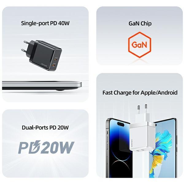 Usams Ład. Siec. 2Xusb-C T54 Gan 40W(Only Head) Pd Fast Charging Czarny/Black Cc172Tc01 (Us-Cc172)