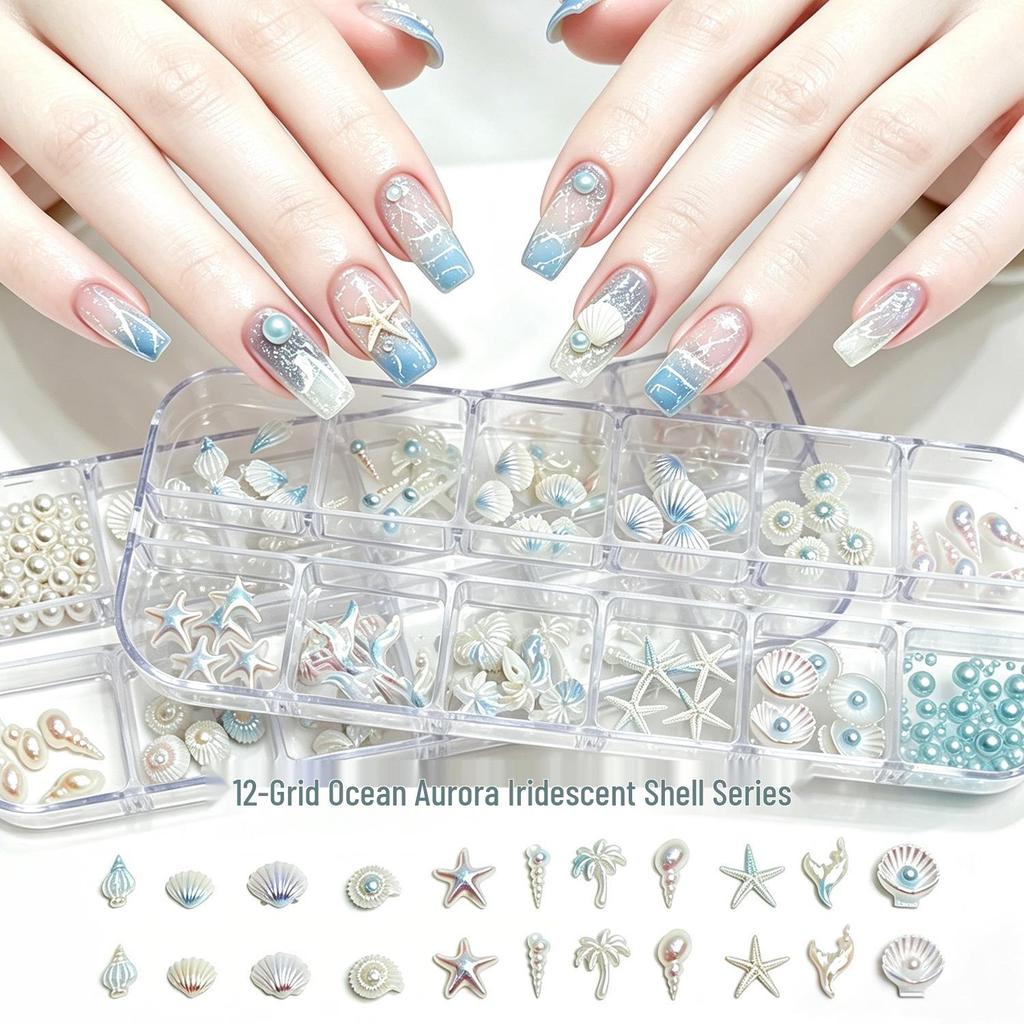 12-Piece Ocean-Themed Nail Art Accessory Set: Starfish, Shells, Conch, Coconut Trees, and Pearls