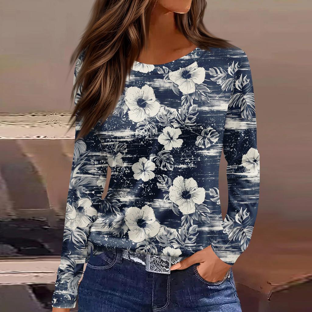 Damenmode Lässig Schlitz Saum Rundhals Langarm Lose Bedrucktes T-Shirt Damen Top