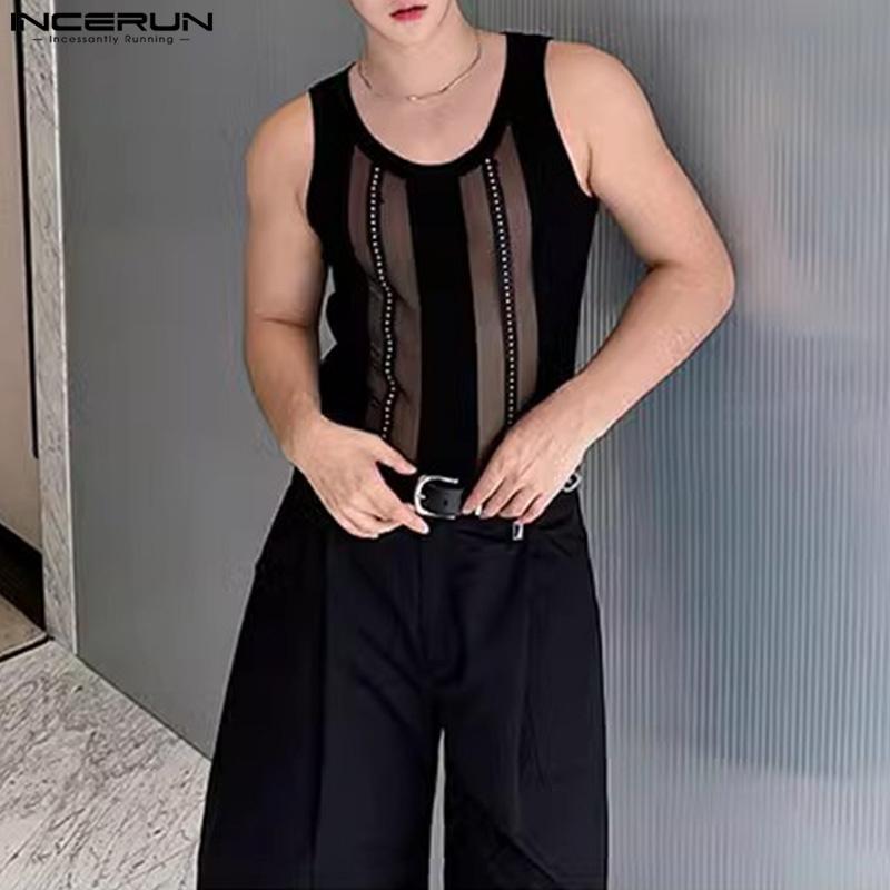 INCERUN Men Sleeveless Patchwork Mesh Sheer Tank Tops See Through Vest