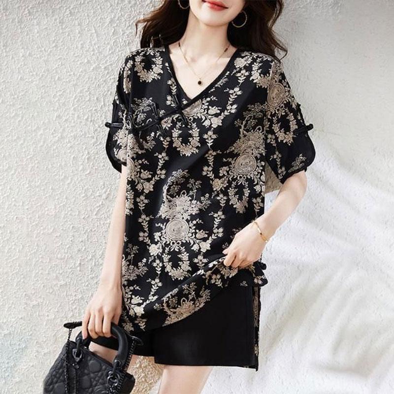 

Китайская блузка винтажная с дисковой застежкой, фольклорным принтом, женская одежда, элегантная, с V-образным вырезом, с коротким рукавом, летняя, свободная, повседневная, с комбинированным дизайном 5XL бежевый