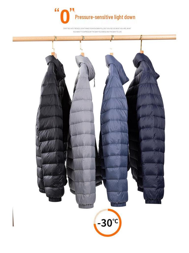 Men's Lightweight Stand Collar Down Jacket - Warm Short Ribbed Style for Autumn/Winter.