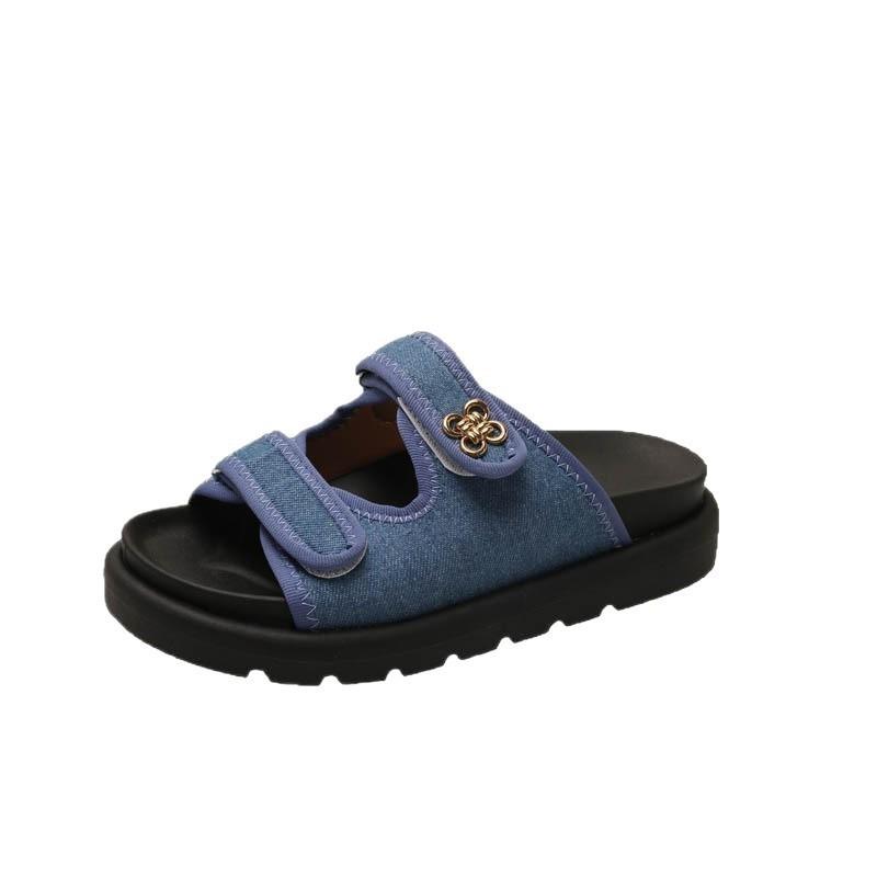 Large Size Thick-bottomed Cool Slippers Women's Summer Denim Outer Wear Velcro Printed Beach One-word Slippers