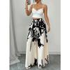Damen Schwarzer Tinte Blumenmuster Weites Bein Hosen Elastisch Hohe Taille Seidiger Satin Palazzo Hosen Sommerurlaub Lässig Locker Lange Hosen