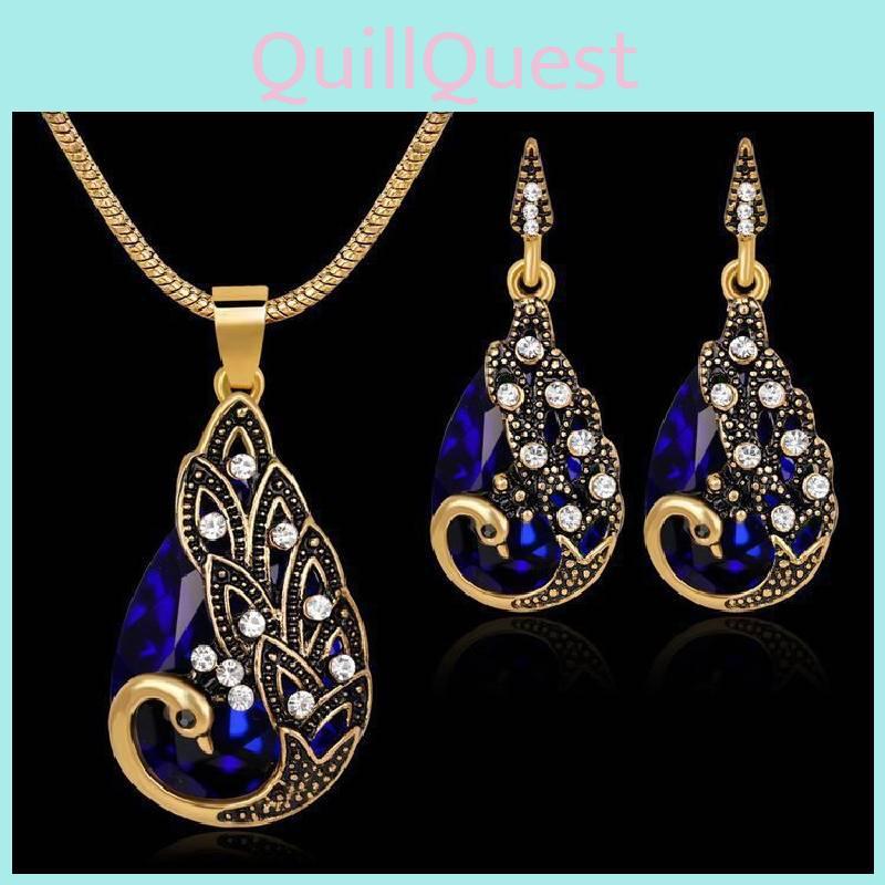 Exquisites Europäisches Vintage Pfau Schmuckset Atemberaubende Edelstein Halskette Und Ohrringe