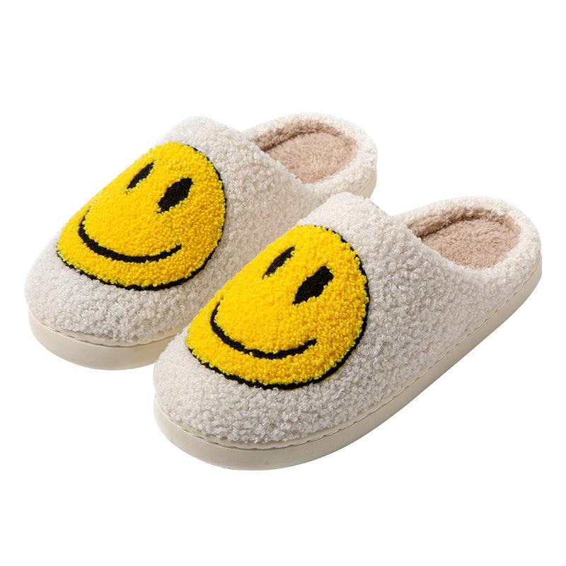 New Towel Embroidery Korean Version Autumn and Winter Indoor Home Wooden Floor TPR Sole Thickened Smiley Cotton Slippers
