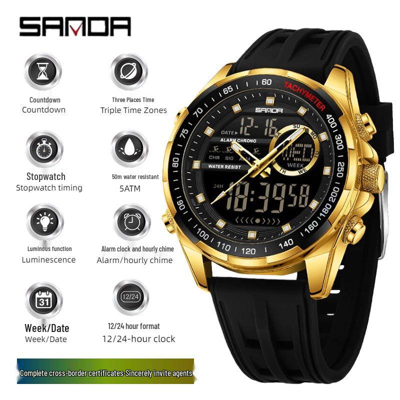 SANDA Men s Dual Display Waterproof Sport Watch, Fashion Business Multi-functional Large Dial.